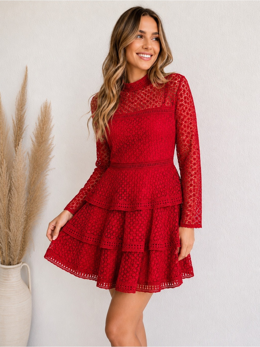 SHEIN Red Lace Tiered Mini Dress | Long Sleeve Mock Neck | Size Small
